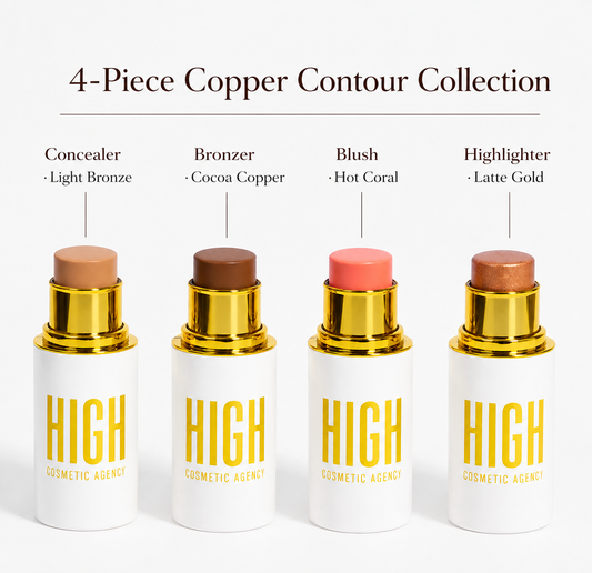 Copper Contour Collection — 4-Piece Luxury Cream Stick Set | Light Bronzer, Coral Blush, Cocoa Bronzer & Gold Highlighter | Vegan & Cruelty-Free | All Skin Tones