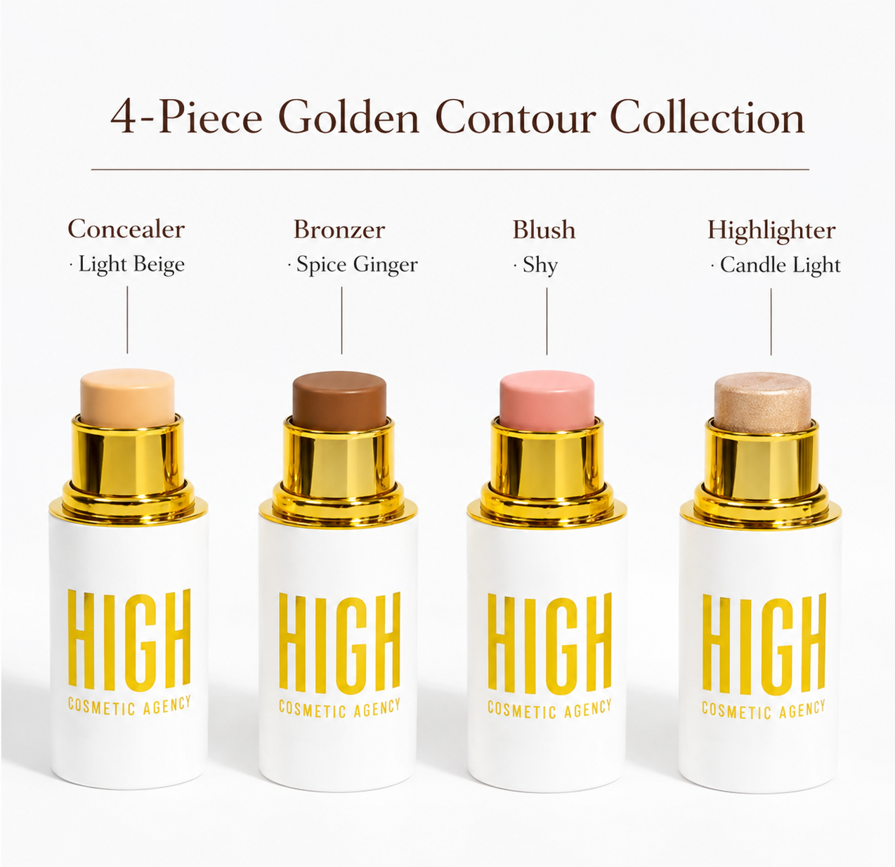 Golden Contour Collection – 4-Piece Luxury Cream Stick Set – Concealer Light Beige, Highlighter Candle Light, Contour Spice Ginger & Blush Shy Blush – Vegan & Cruelty-Free – For Women