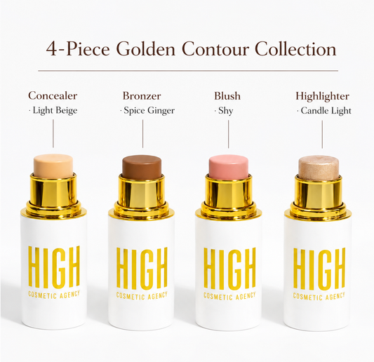 Golden Contour Collection – 4-Piece Luxury Cream Stick Set – Concealer Light Beige, Highlighter Candle Light, Contour Spice Ginger & Blush Shy Blush – Vegan & Cruelty-Free – For Women