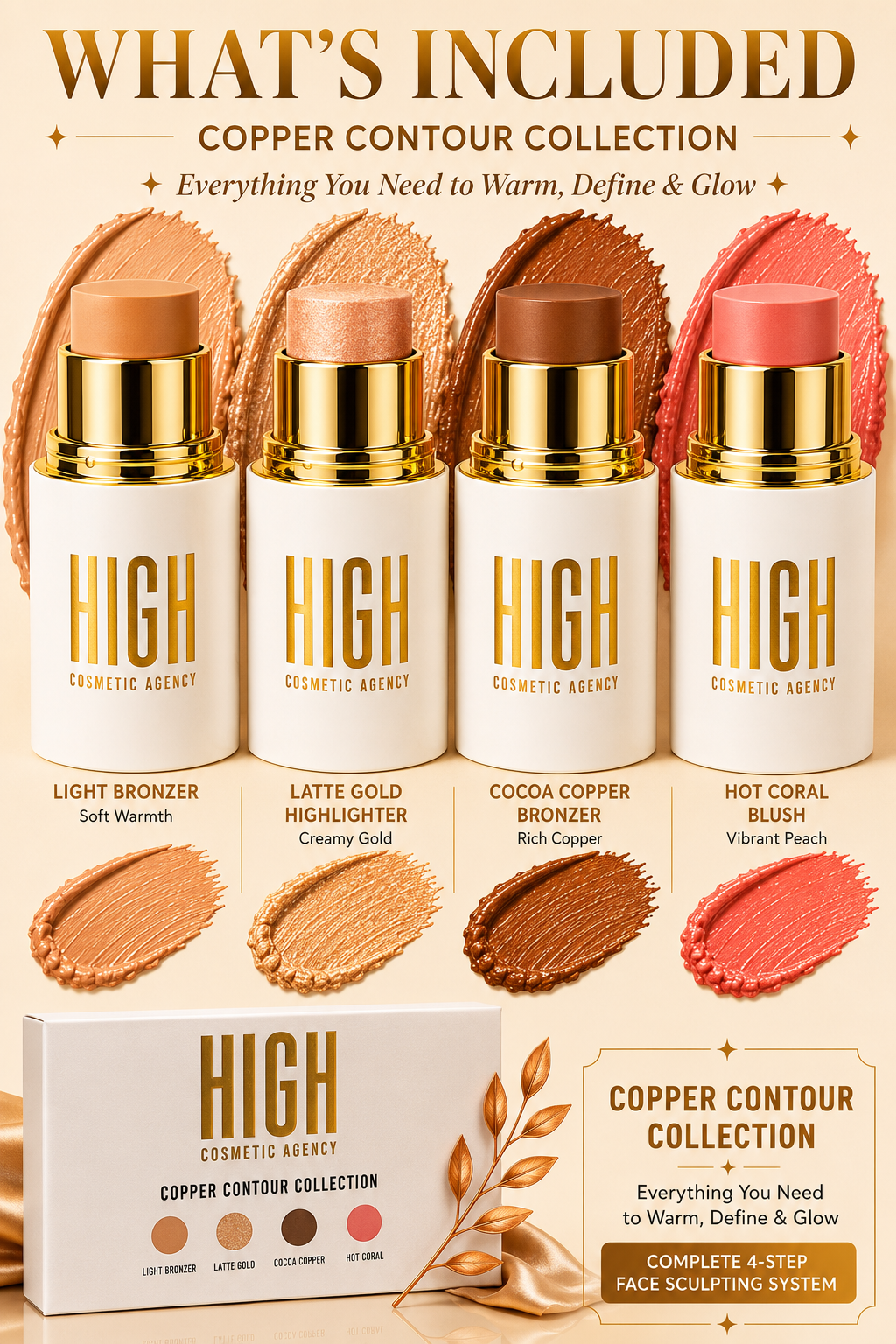 Copper Contour Collection — 4-Piece Luxury Cream Stick Set | Light Bronzer, Coral Blush, Cocoa Bronzer & Gold Highlighter | Vegan & Cruelty-Free | All Skin Tones