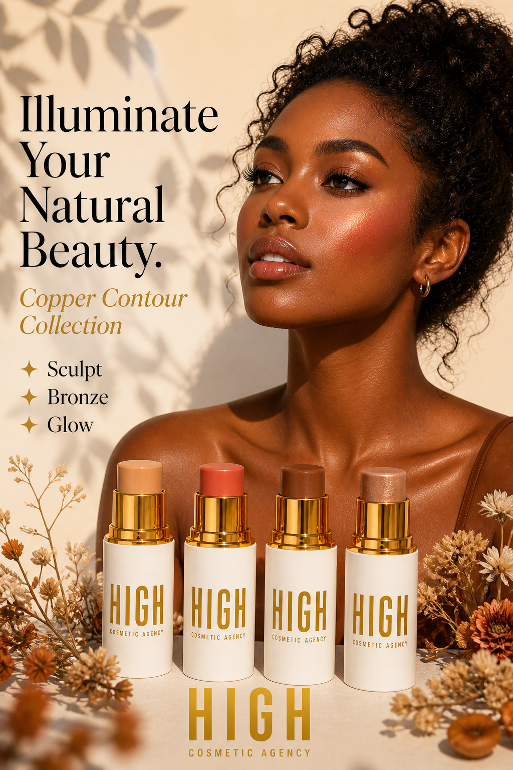 Copper Contour Collection — 4-Piece Luxury Cream Stick Set | Light Bronzer, Coral Blush, Cocoa Bronzer & Gold Highlighter | Vegan & Cruelty-Free | All Skin Tones