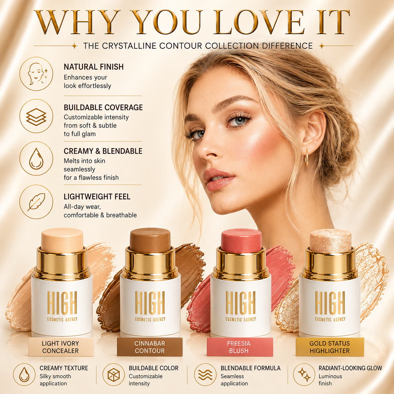 Crystalline Contour Collection — 4-Piece Cream Contour Stick Set | Concealer, Bronzer, Blush & Highlighter Infused with Jojoba Oil | All Skin Tones | Vegan Formula