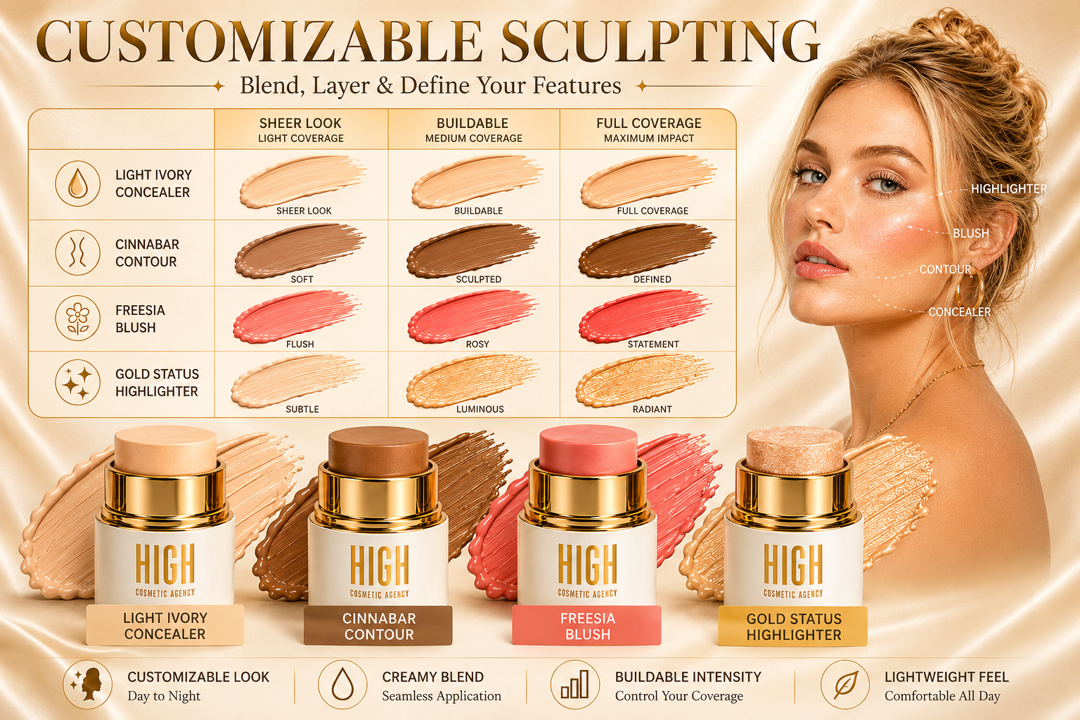 Crystalline Contour Collection — 4-Piece Cream Contour Stick Set | Concealer, Bronzer, Blush & Highlighter Infused with Jojoba Oil | All Skin Tones | Vegan Formula