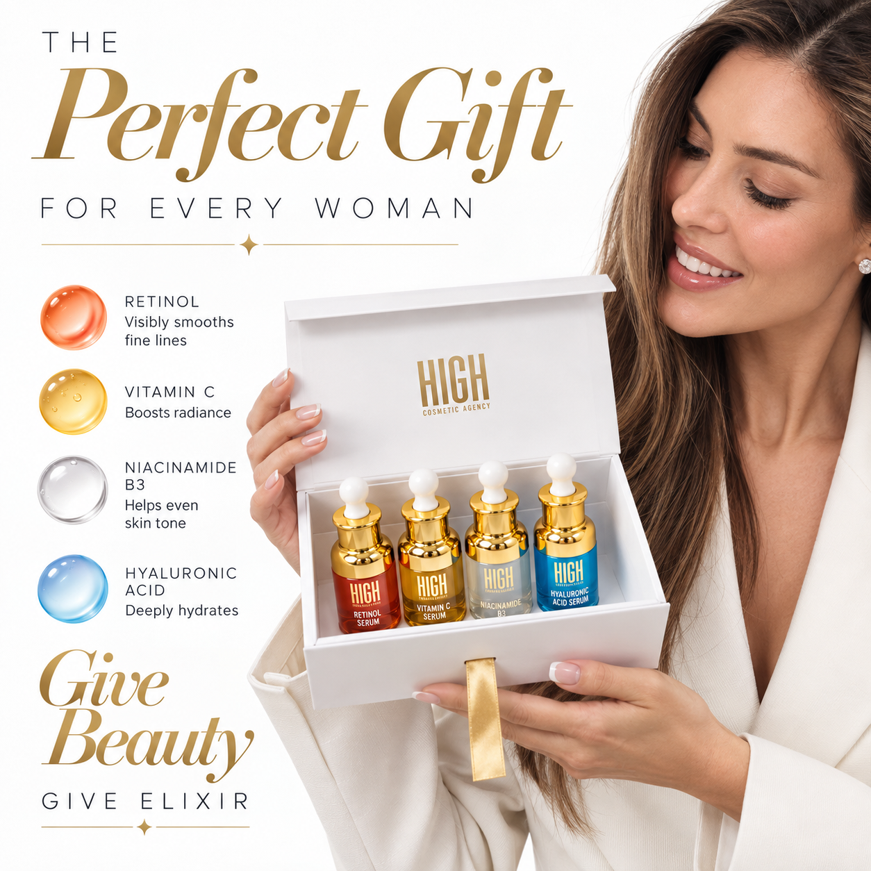 Elixir Quartet Booster Set — 4-Piece Face Serum Kit with Vitamin C, Retinol, Hyaluronic Acid & Niacinamide — Anti-Aging, Brightening & Hydrating Skincare Gift Set for Women