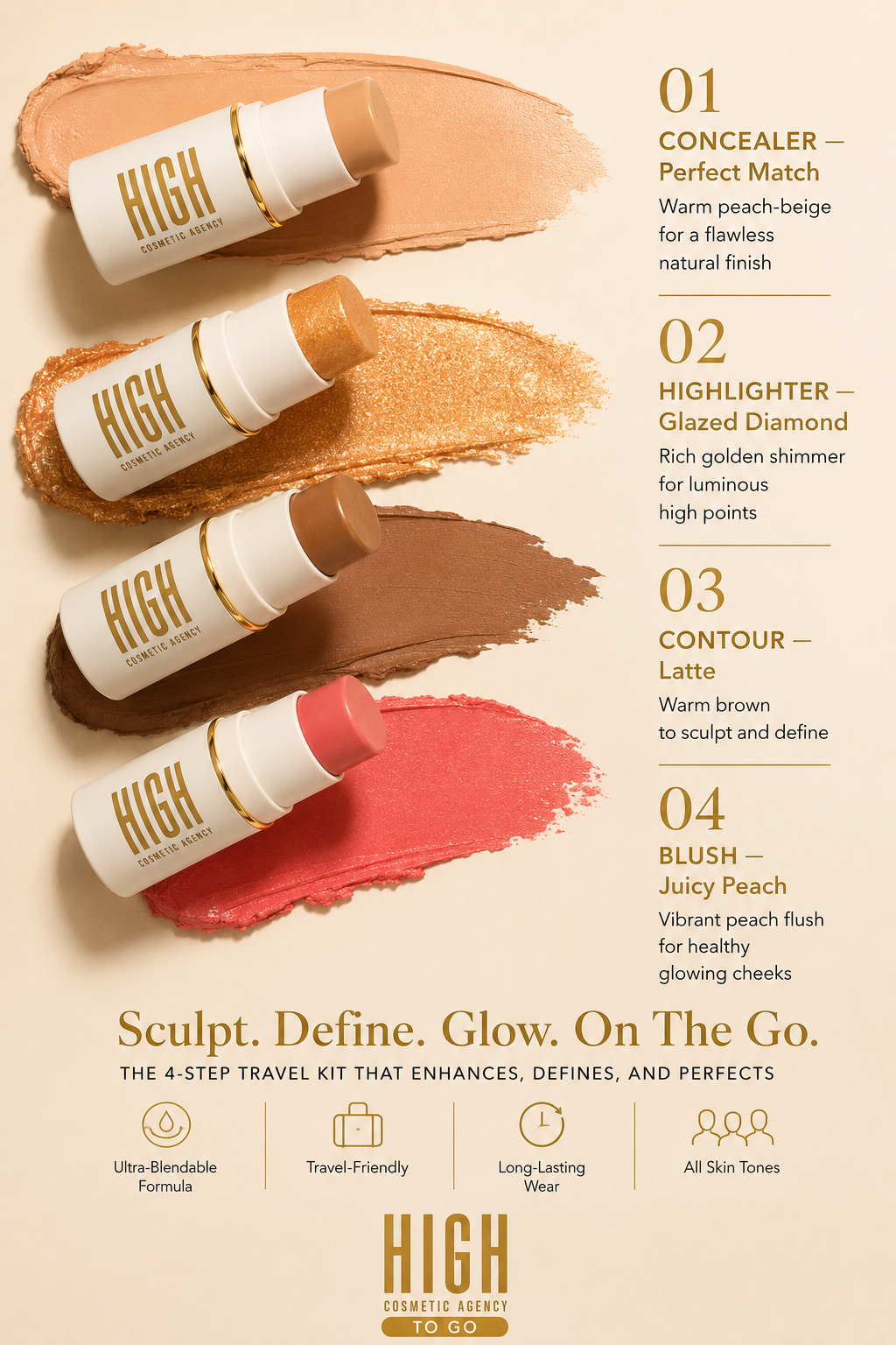 TO GO! Cream Contour & Highlighter Stick Set – 4-Piece Travel Kit with Bronzer, Blush & Glow – Ultra-Blendable, Vegan & Cruelty-Free – For Women