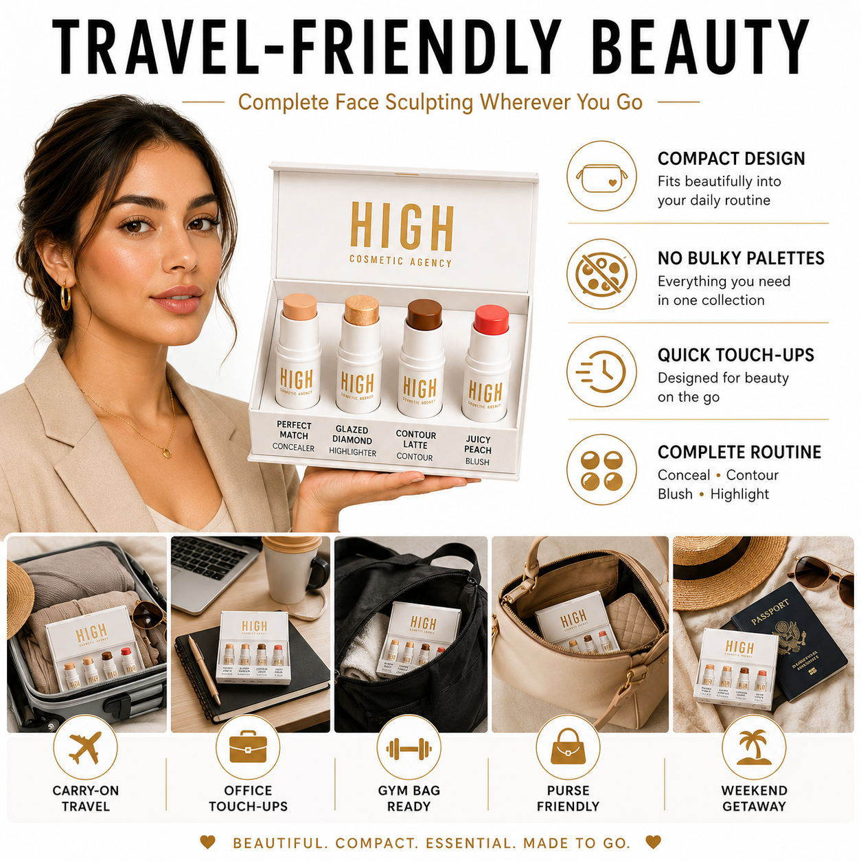 TO GO! Cream Contour & Highlighter Stick Set – 4-Piece Travel Kit with Bronzer, Blush & Glow – Ultra-Blendable, Vegan & Cruelty-Free – For Women