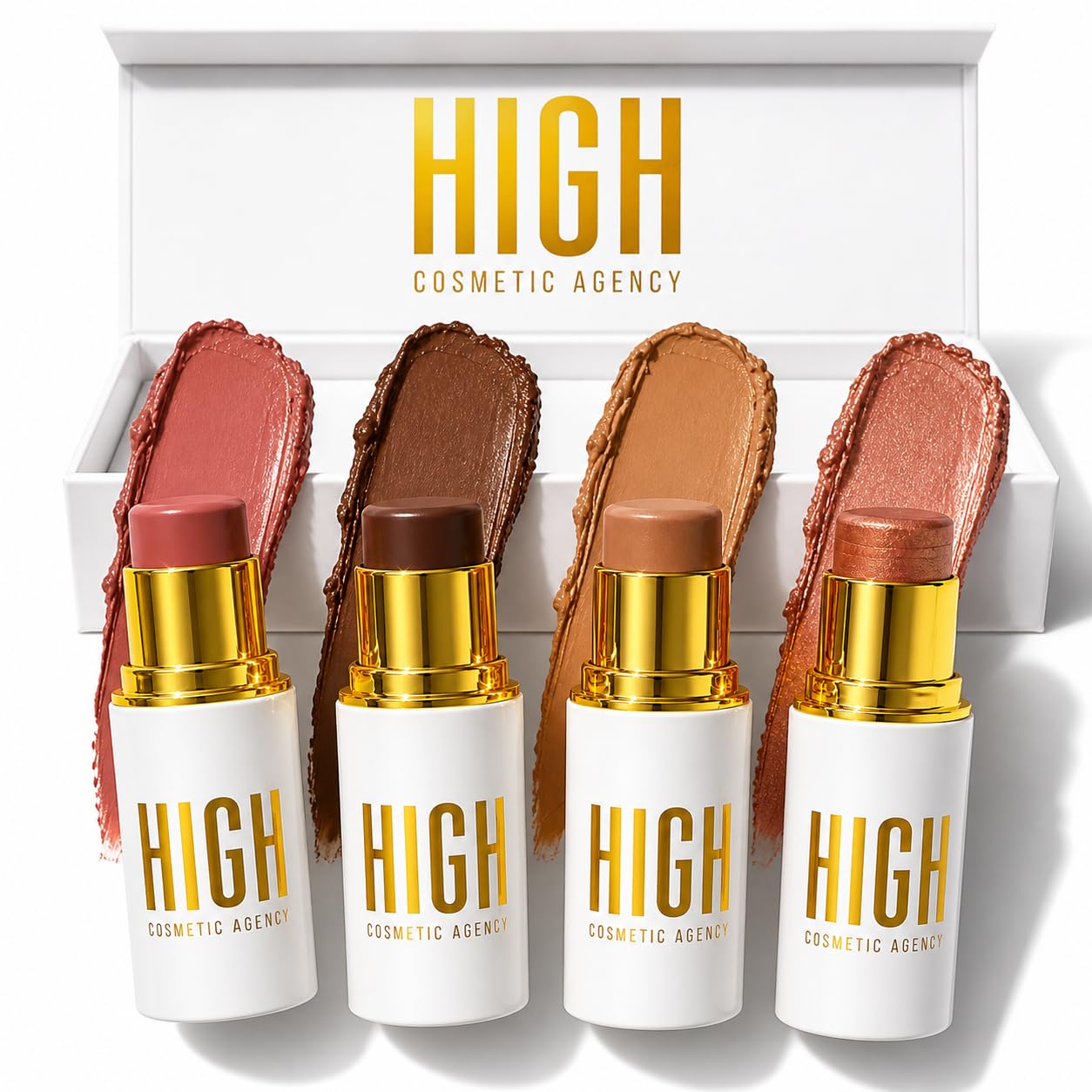 Copper Contour Collection — 4-Piece Luxury Cream Stick Set | Light Bronzer, Coral Blush, Cocoa Bronzer & Gold Highlighter | Vegan & Cruelty-Free | All Skin Tones