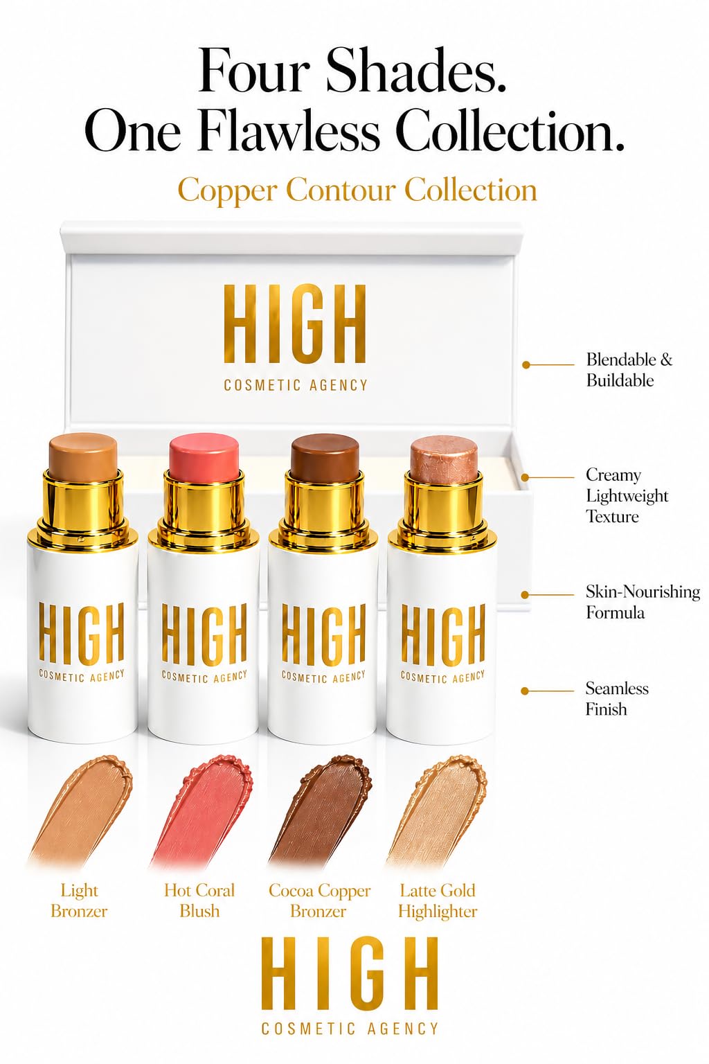 Copper Contour Collection — 4-Piece Luxury Cream Stick Set | Light Bronzer, Coral Blush, Cocoa Bronzer & Gold Highlighter | Vegan & Cruelty-Free | All Skin Tones