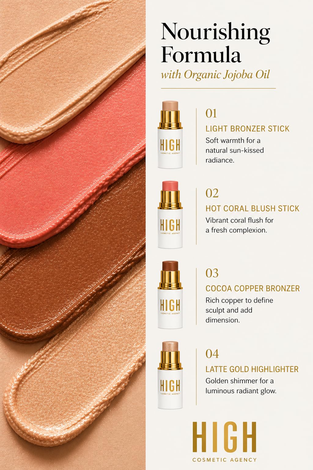 Copper Contour Collection — 4-Piece Luxury Cream Stick Set | Light Bronzer, Coral Blush, Cocoa Bronzer & Gold Highlighter | Vegan & Cruelty-Free | All Skin Tones