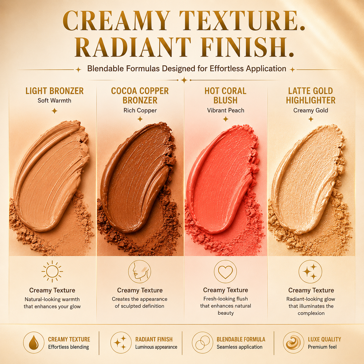 Copper Contour Collection — 4-Piece Luxury Cream Stick Set | Light Bronzer, Coral Blush, Cocoa Bronzer & Gold Highlighter | Vegan & Cruelty-Free | All Skin Tones
