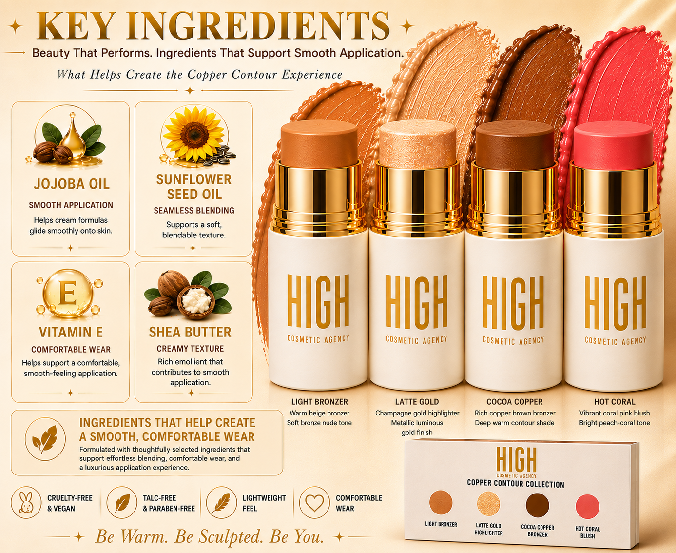 Copper Contour Collection — 4-Piece Luxury Cream Stick Set | Light Bronzer, Coral Blush, Cocoa Bronzer & Gold Highlighter | Vegan & Cruelty-Free | All Skin Tones
