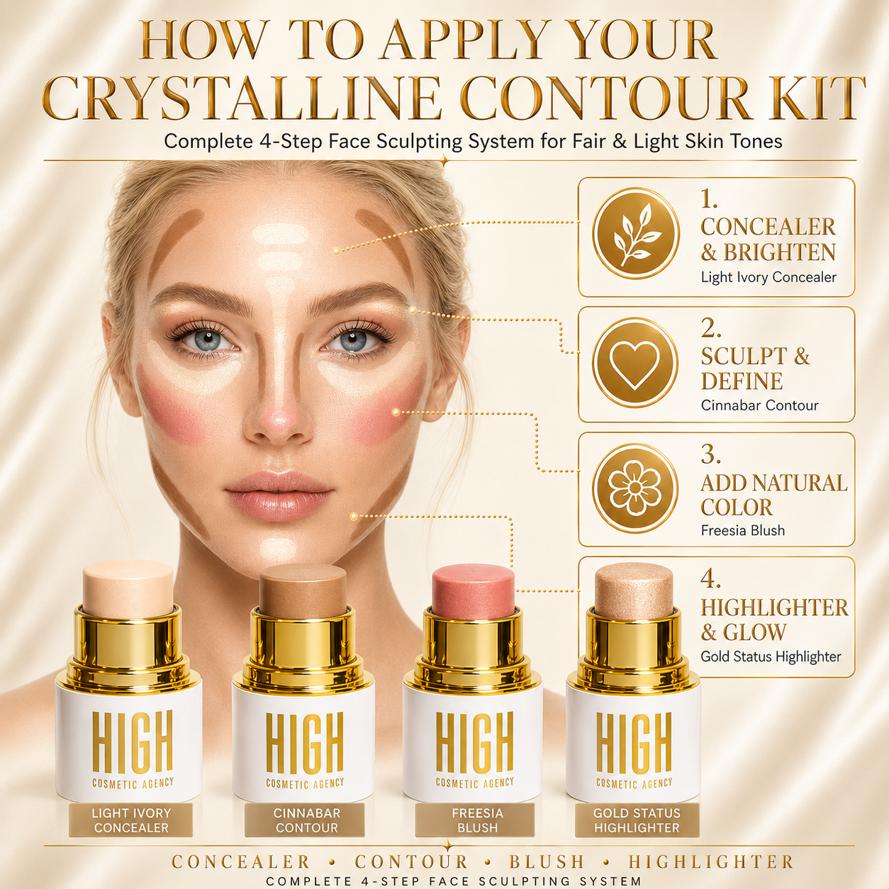 Crystalline Contour Collection — 4-Piece Cream Contour Stick Set | Concealer, Bronzer, Blush & Highlighter Infused with Jojoba Oil | All Skin Tones | Vegan Formula