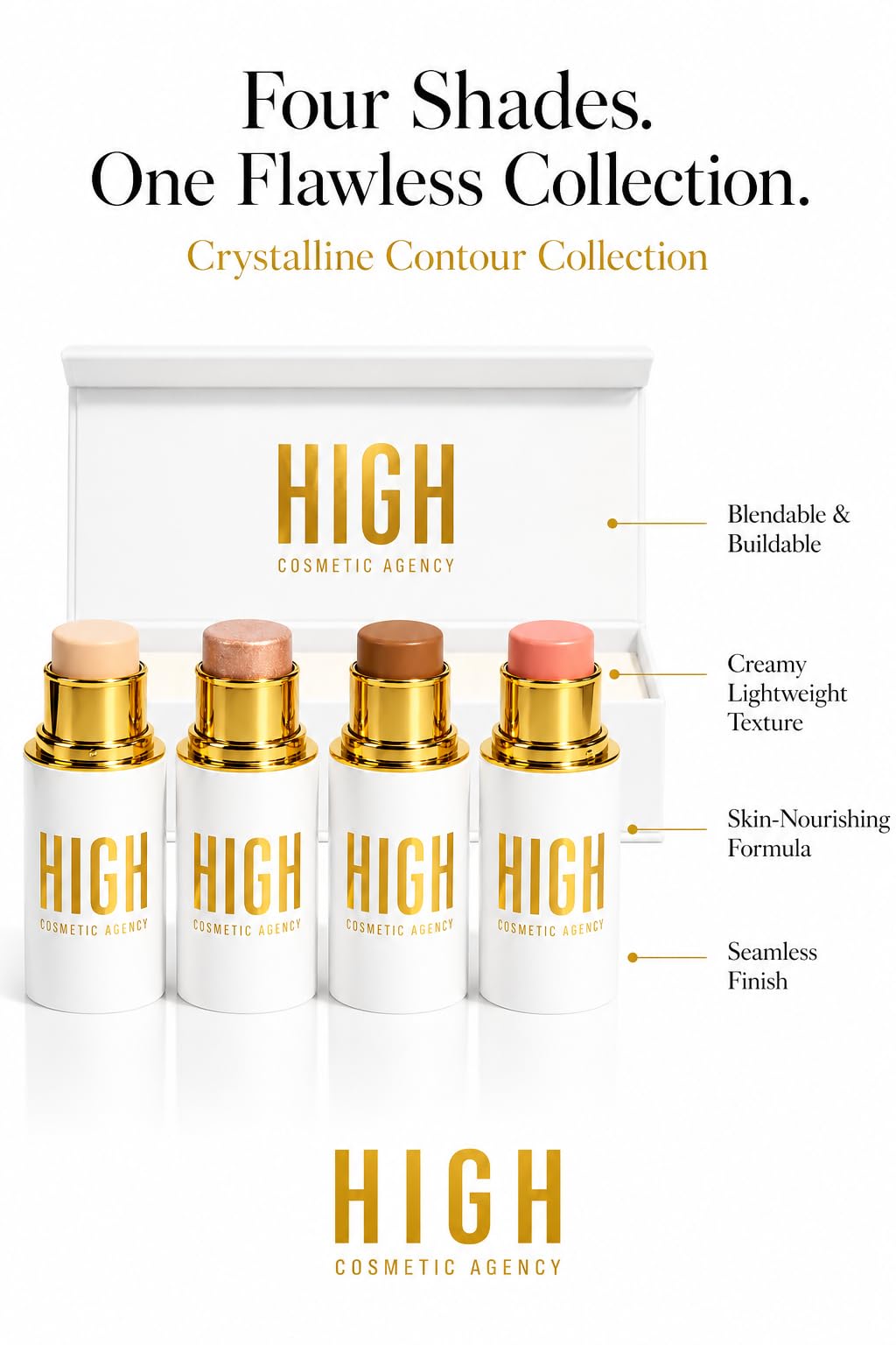 Crystalline Contour Collection — 4-Piece Cream Contour Stick Set | Concealer, Bronzer, Blush & Highlighter Infused with Jojoba Oil | All Skin Tones | Vegan Formula