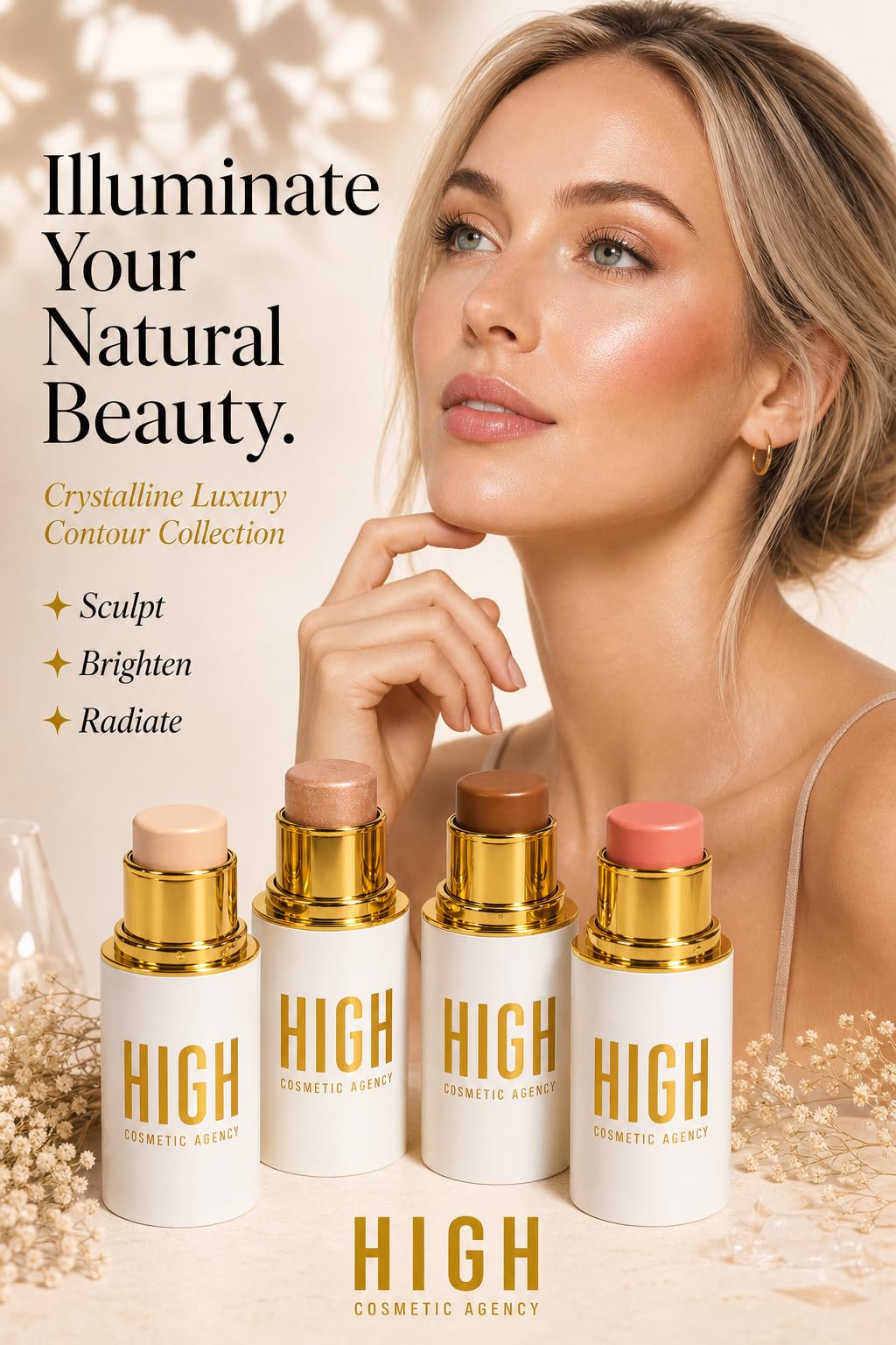 Crystalline Contour Collection — 4-Piece Cream Contour Stick Set | Concealer, Bronzer, Blush & Highlighter Infused with Jojoba Oil | All Skin Tones | Vegan Formula