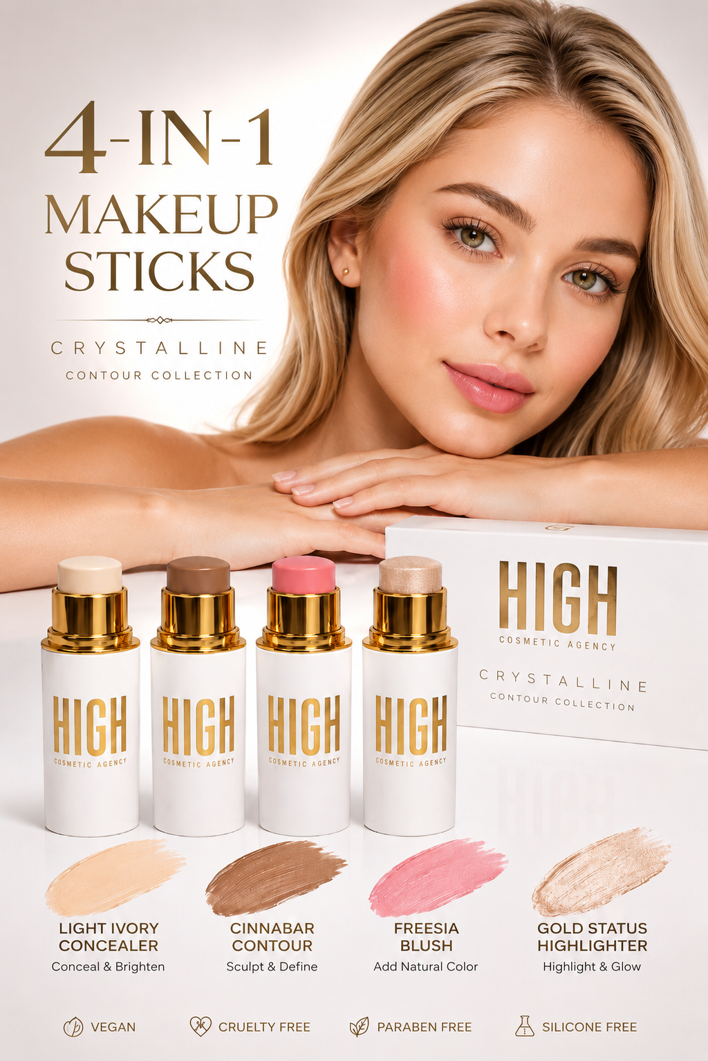 Crystalline Contour Collection — 4-Piece Cream Contour Stick Set | Concealer, Bronzer, Blush & Highlighter Infused with Jojoba Oil | All Skin Tones | Vegan Formula