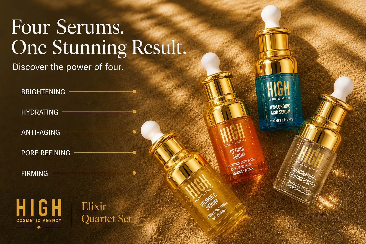Elixir Quartet Booster Set — 4-Piece Face Serum Kit with Vitamin C, Retinol, Hyaluronic Acid & Niacinamide — Anti-Aging, Brightening & Hydrating Skincare Gift Set for Women