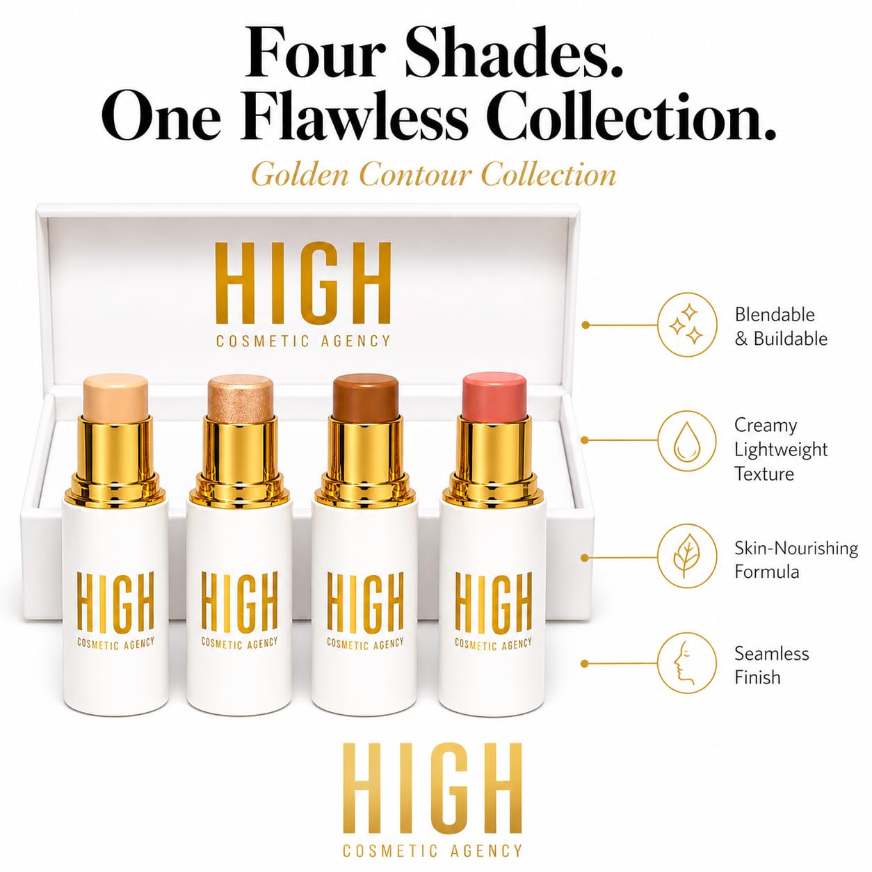Golden Contour Collection – 4-Piece Luxury Cream Stick Set – Concealer Light Beige, Highlighter Candle Light, Contour Spice Ginger & Blush Shy Blush – Vegan & Cruelty-Free – For Women