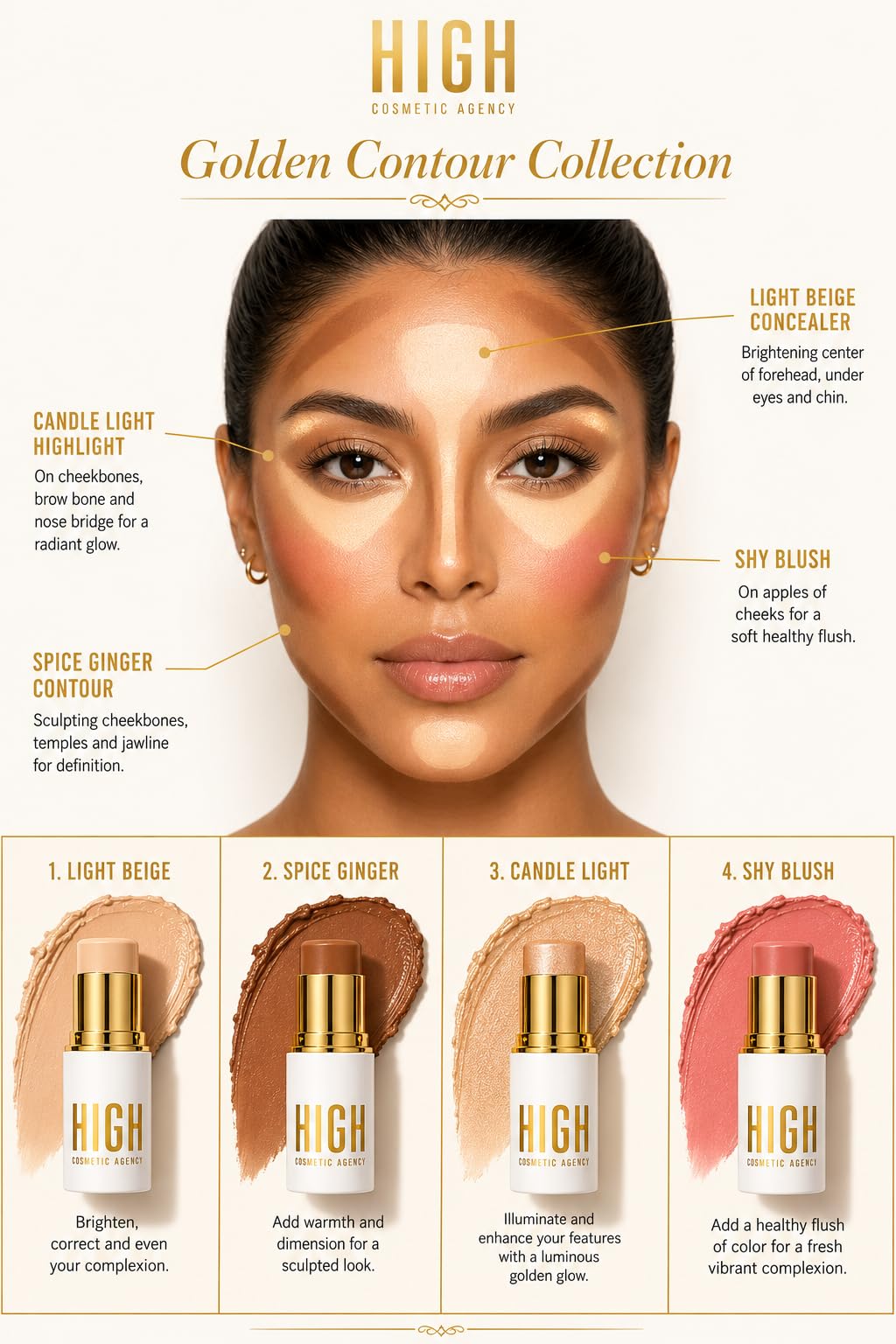Golden Contour Collection – 4-Piece Luxury Cream Stick Set – Concealer Light Beige, Highlighter Candle Light, Contour Spice Ginger & Blush Shy Blush – Vegan & Cruelty-Free – For Women