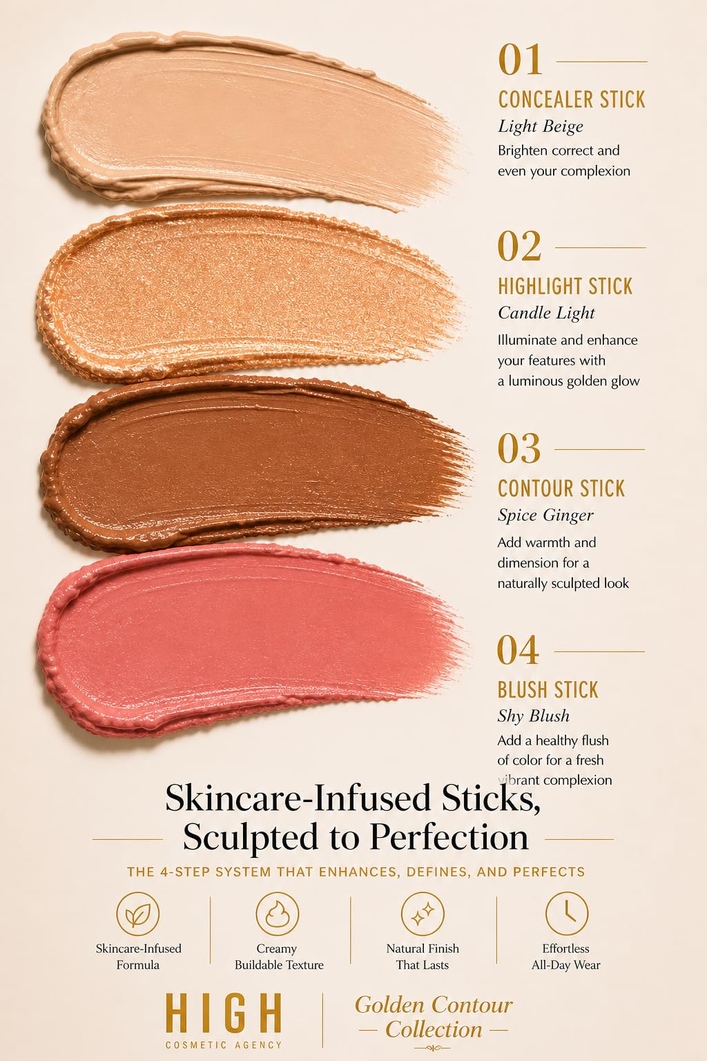Golden Contour Collection – 4-Piece Luxury Cream Stick Set – Concealer Light Beige, Highlighter Candle Light, Contour Spice Ginger & Blush Shy Blush – Vegan & Cruelty-Free – For Women