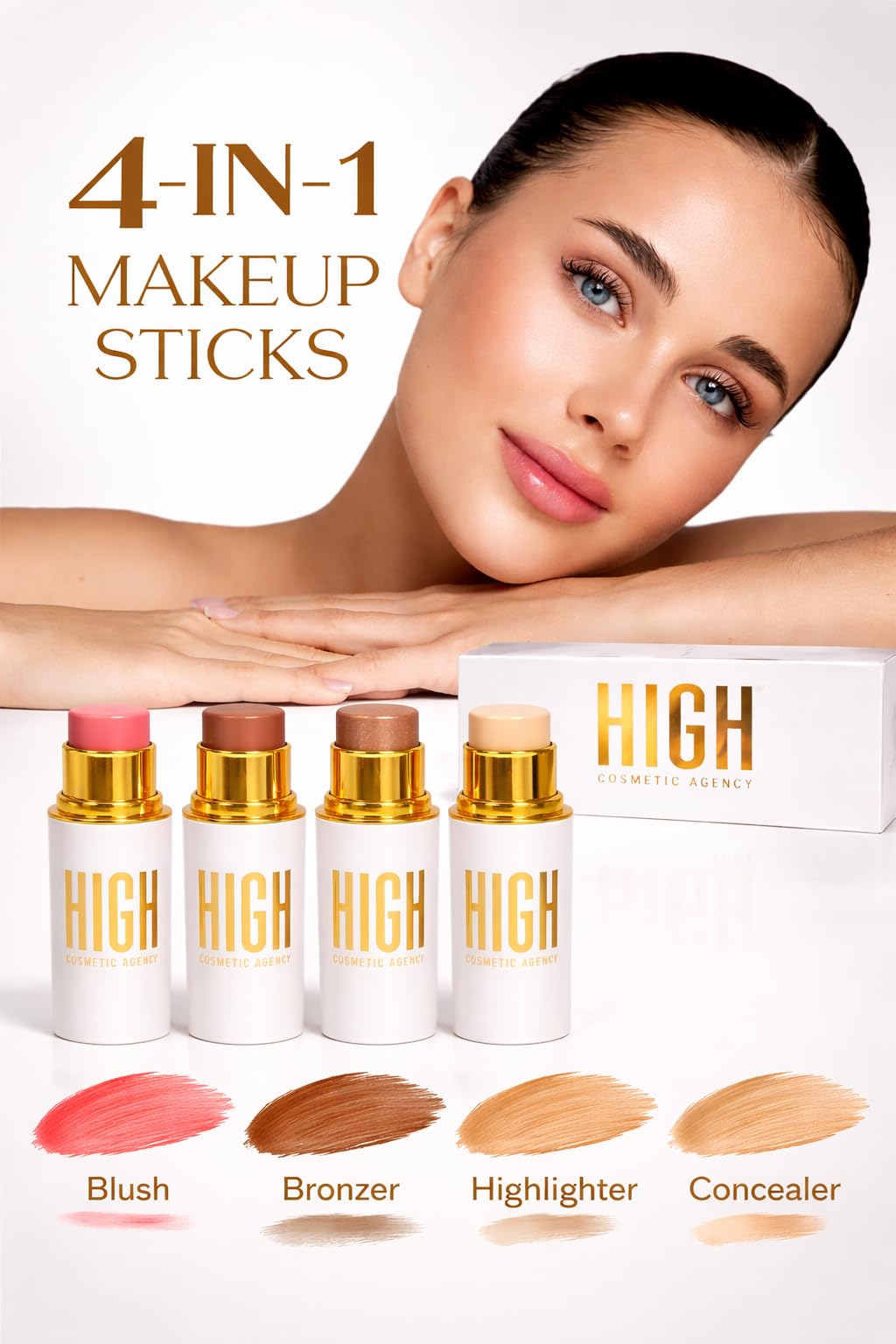 Golden Contour Collection – 4-Piece Luxury Cream Stick Set – Concealer Light Beige, Highlighter Candle Light, Contour Spice Ginger & Blush Shy Blush – Vegan & Cruelty-Free – For Women