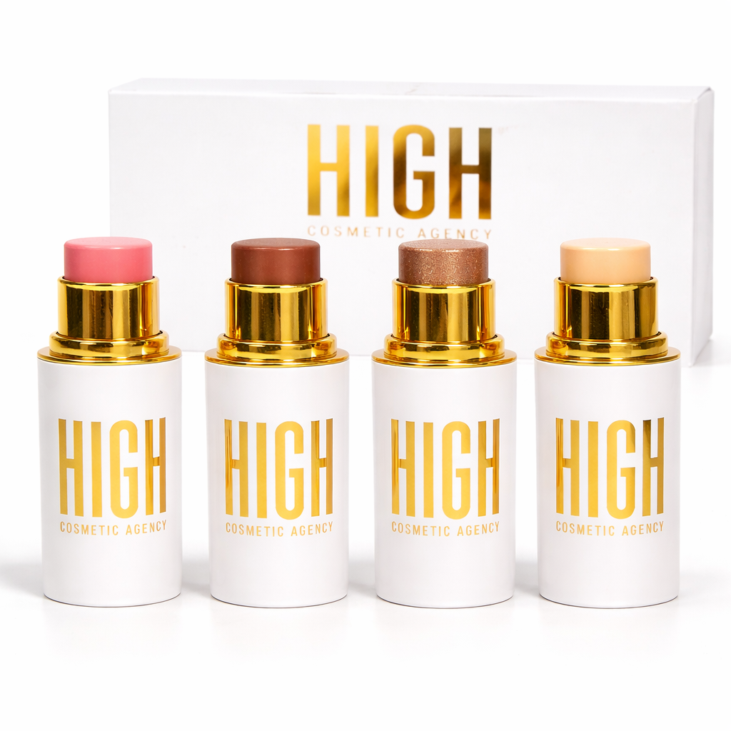 Golden Contour Collection – 4-Piece Luxury Cream Stick Set – Concealer Light Beige, Highlighter Candle Light, Contour Spice Ginger & Blush Shy Blush – Vegan & Cruelty-Free – For Women