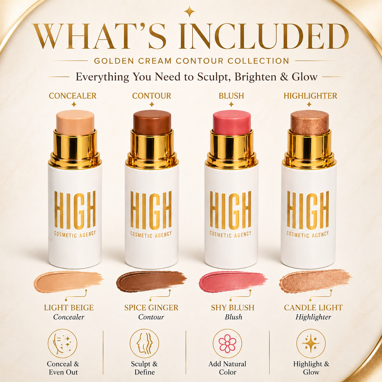 Golden Contour Collection – 4-Piece Luxury Cream Stick Set – Concealer Light Beige, Highlighter Candle Light, Contour Spice Ginger & Blush Shy Blush – Vegan & Cruelty-Free – For Women