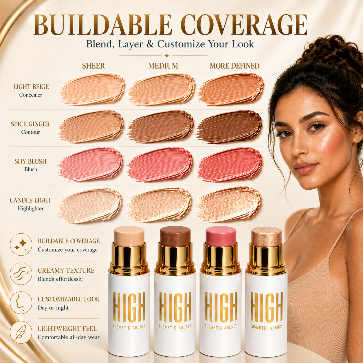 Golden Contour Collection – 4-Piece Luxury Cream Stick Set – Concealer Light Beige, Highlighter Candle Light, Contour Spice Ginger & Blush Shy Blush – Vegan & Cruelty-Free – For Women