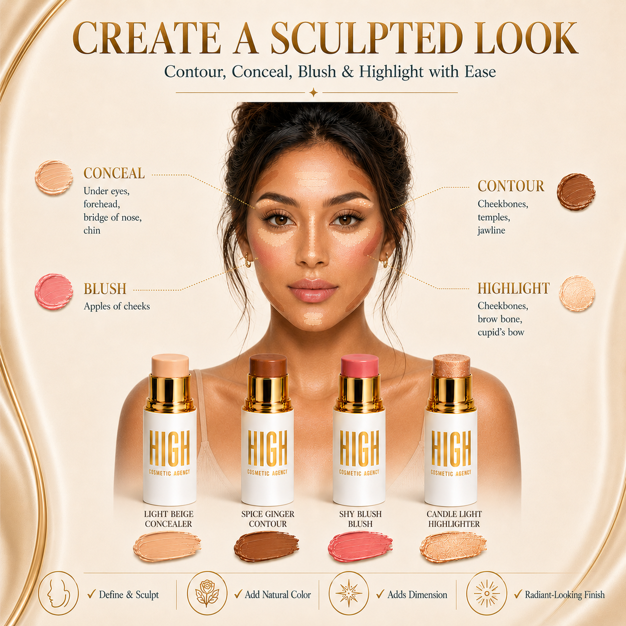 Golden Contour Collection – 4-Piece Luxury Cream Stick Set – Concealer Light Beige, Highlighter Candle Light, Contour Spice Ginger & Blush Shy Blush – Vegan & Cruelty-Free – For Women