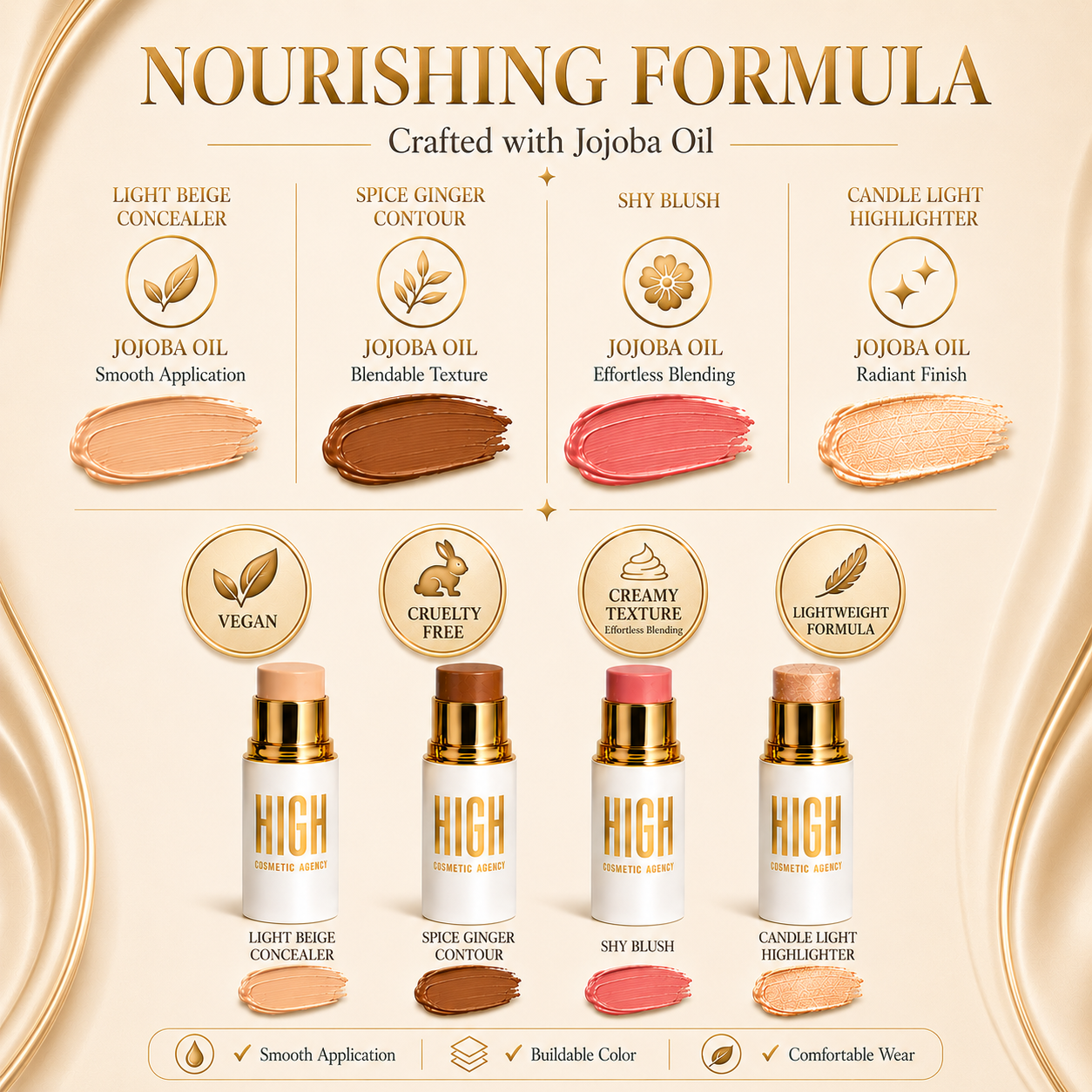 Golden Contour Collection – 4-Piece Luxury Cream Stick Set – Concealer Light Beige, Highlighter Candle Light, Contour Spice Ginger & Blush Shy Blush – Vegan & Cruelty-Free – For Women