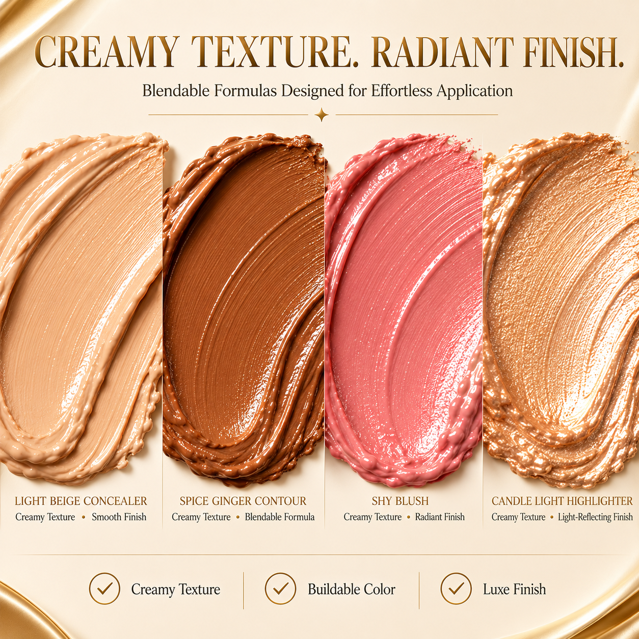 Golden Contour Collection – 4-Piece Luxury Cream Stick Set – Concealer Light Beige, Highlighter Candle Light, Contour Spice Ginger & Blush Shy Blush – Vegan & Cruelty-Free – For Women