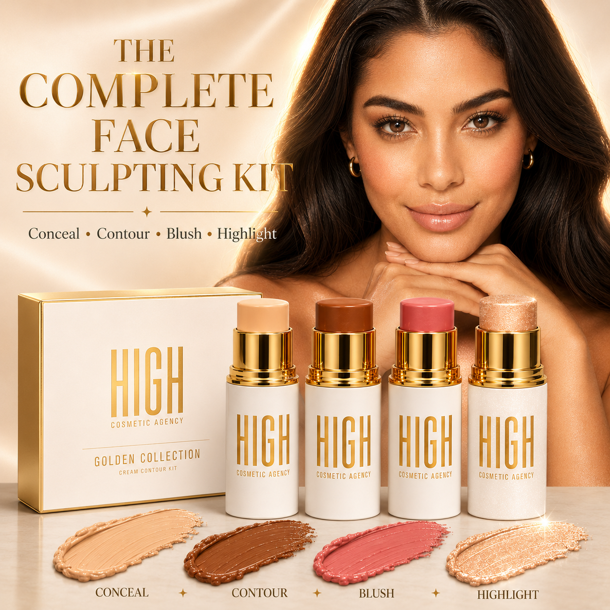 Golden Contour Collection – 4-Piece Luxury Cream Stick Set – Concealer Light Beige, Highlighter Candle Light, Contour Spice Ginger & Blush Shy Blush – Vegan & Cruelty-Free – For Women