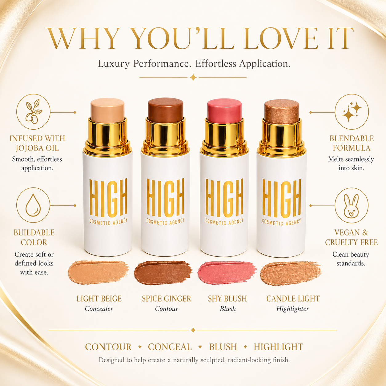 Golden Contour Collection – 4-Piece Luxury Cream Stick Set – Concealer Light Beige, Highlighter Candle Light, Contour Spice Ginger & Blush Shy Blush – Vegan & Cruelty-Free – For Women