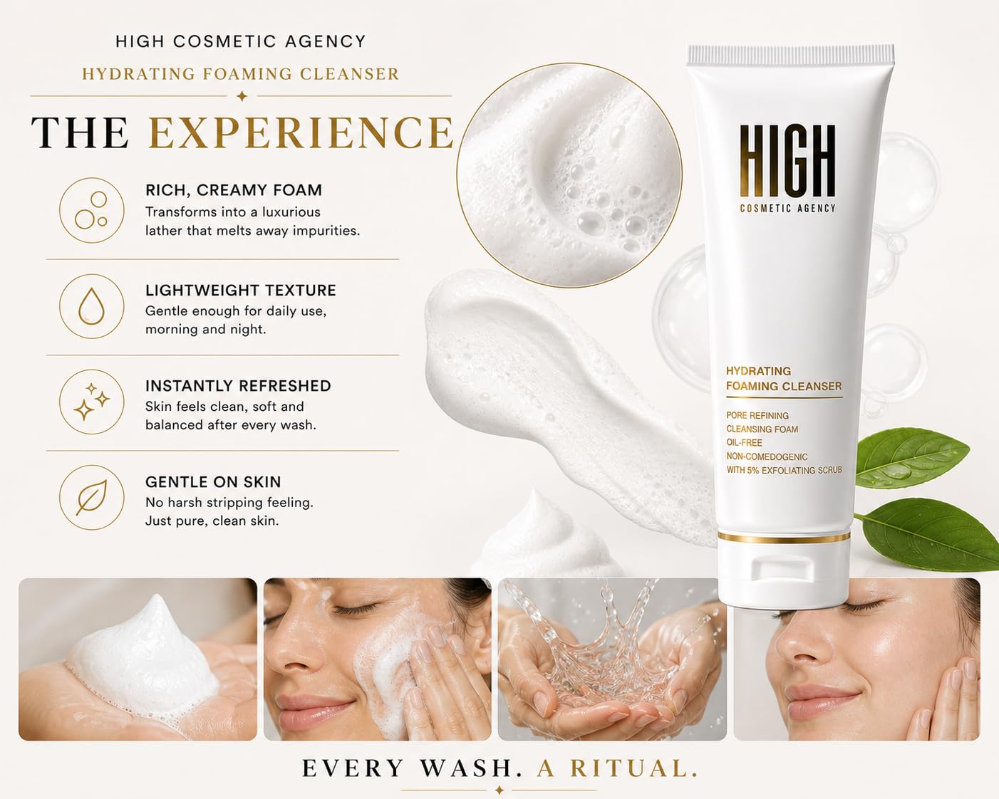 Hydrating Foaming Face Wash – Glycerin, Green Tea & Chamomile – 10% Exfoliating Scrub, Pore Refining & Non-Stripping –