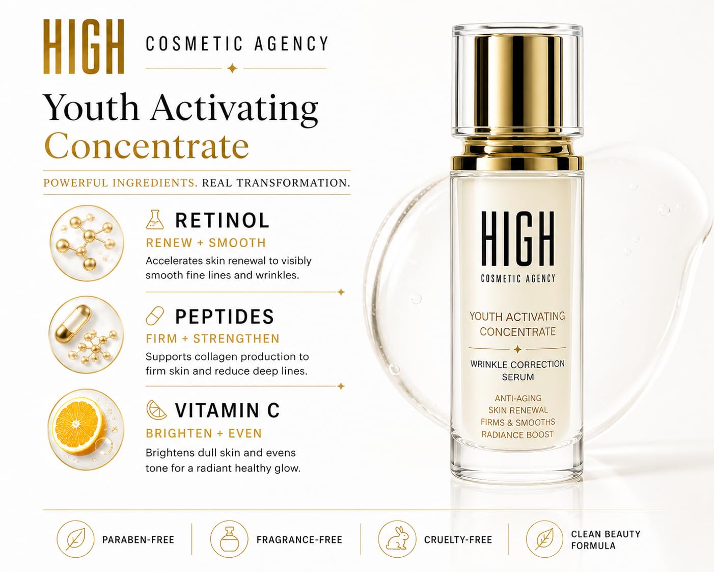 Youth Activating Face Serum – Retinol, Peptides & Vitamin C – Anti-Aging Wrinkle Correcting Serum for Fine Lines, Crow's Feet & Puffiness – Firms & Brightens Skin –