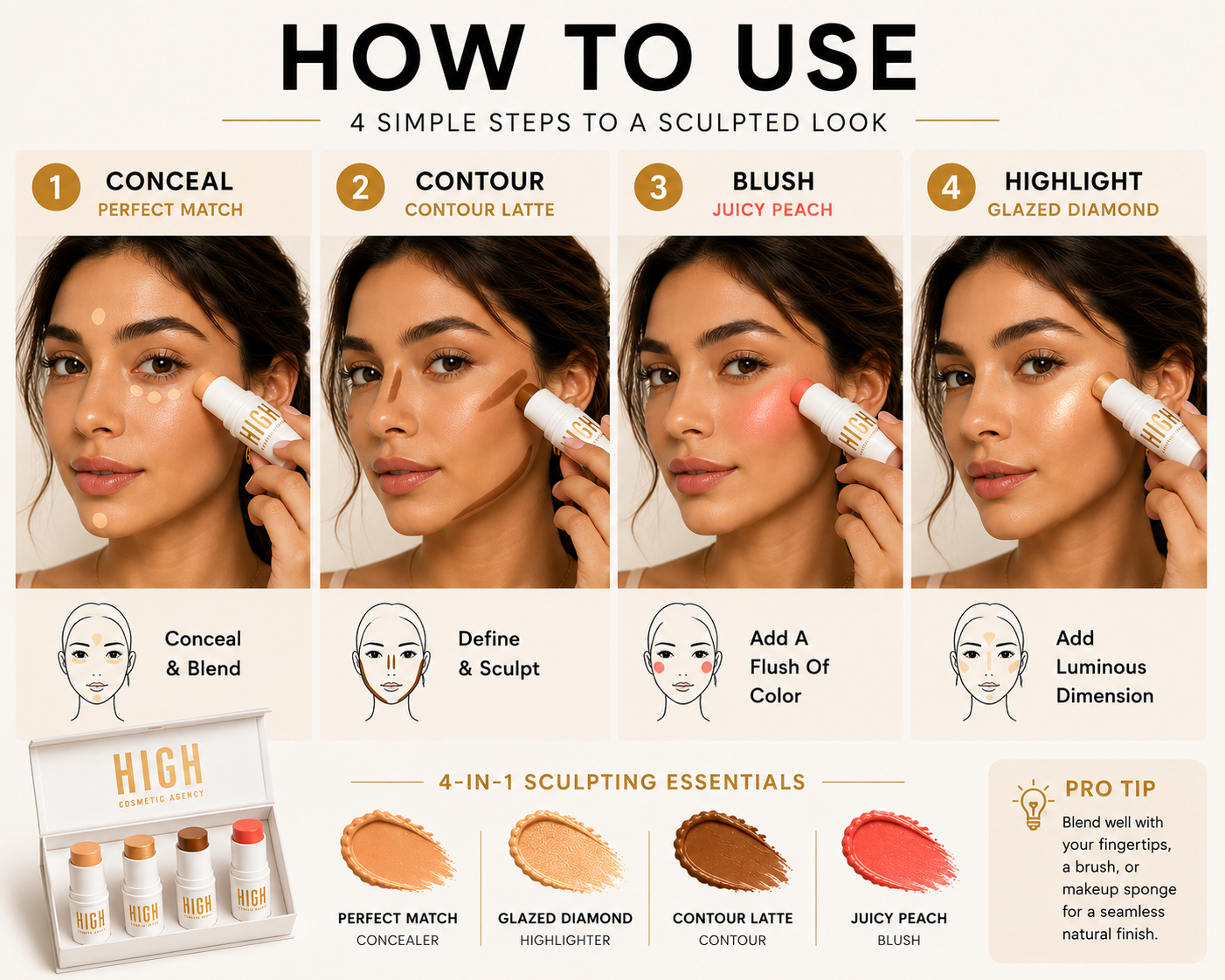 TO GO! Cream Contour & Highlighter Stick Set – 4-Piece Travel Kit with Bronzer, Blush & Glow – Ultra-Blendable, Vegan & Cruelty-Free – For Women