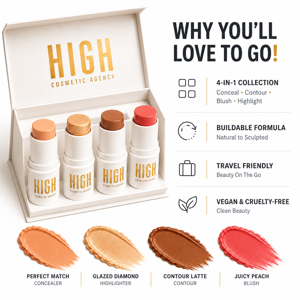 TO GO! Cream Contour & Highlighter Stick Set – 4-Piece Travel Kit with Bronzer, Blush & Glow – Ultra-Blendable, Vegan & Cruelty-Free – For Women