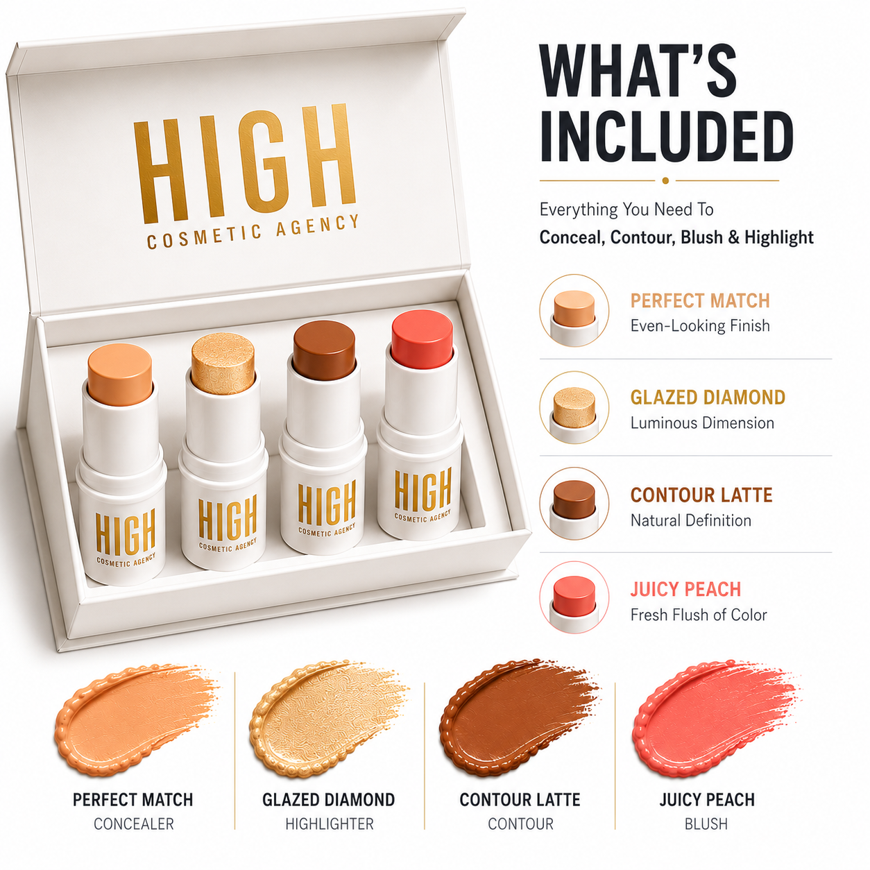 TO GO! Cream Contour & Highlighter Stick Set – 4-Piece Travel Kit with Bronzer, Blush & Glow – Ultra-Blendable, Vegan & Cruelty-Free – For Women